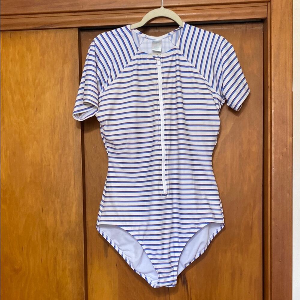 Striped One Piece Swimsuit Blue Red White Zip Front Blue Red White - XL